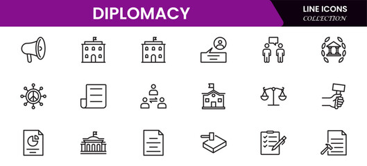 The diplomacy outline icon set comprises spoken and written communication, leaders, diplomats, the international system, and foreign policy. 