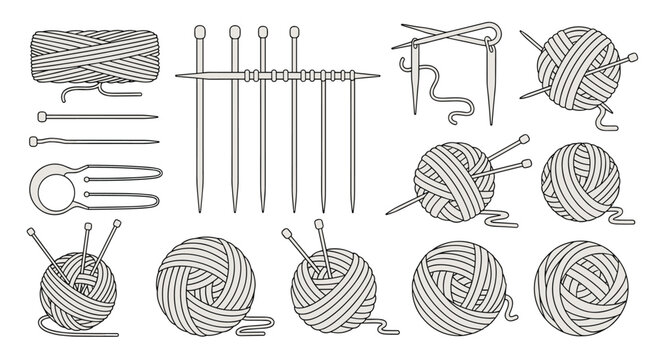 An extensive collection of knitting and crochet supplies, including yarn balls, needles, and hooks, in a clean monochrome outline style.
