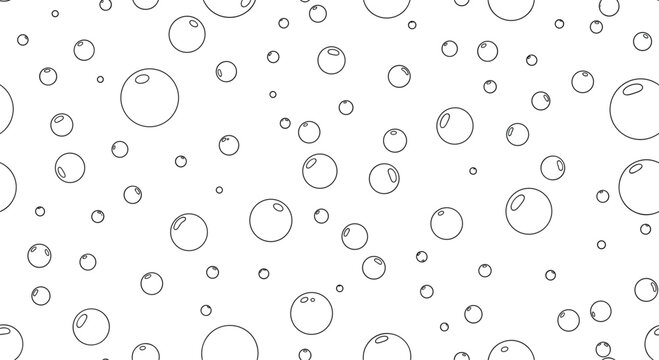 A simple and clean seamless pattern of hand-drawn black outline bubbles of various sizes scattered across a plain white background.