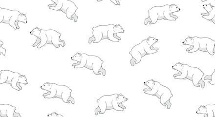 Fototapeta premium Minimalist seamless pattern of running polar bears in a simple black outline style on a white background. This repeating arctic animal design is great for textiles.