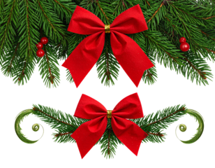 Collection of Vibrant Blue Wildflowers, isolated on a transparent background - Christmas Tree Border with Green Fir Branches and Red Bow, isolated on a transparent 