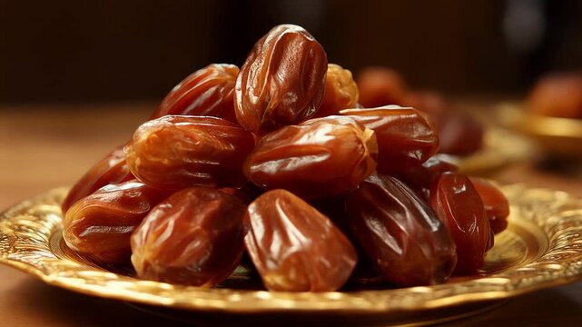 A close-up of traditional dried dates rotating on a golden plate. Healthy sweet fruit for Ramadan Iftar. Middle Eastern food and culture concept