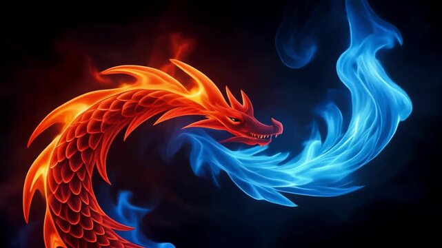 Red dragon flame curve merging with a blue phoenix flame, beautifully blended elemental fire transition, cinematic 4k.