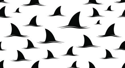 Fototapeta premium Minimalist seamless pattern of black shark fins moving through water on a white background. This simple, dramatic design is perfect for a bold and modern look.