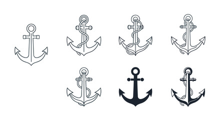Set of various anchor icons in a hand-drawn sketch and solid black style, some with ropes. This nautical collection is perfect for maritime or naval-themed designs.