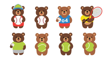Obraz premium Collection of cute teddy bear characters playing sports like baseball and tennis. This adorable and athletic animal set is isolated on a white background for kids.