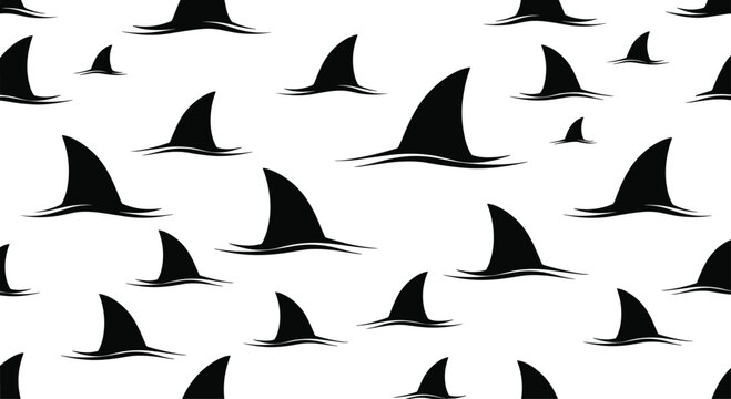 Minimalist seamless pattern of black shark fins moving through water on a white background. This simple, dramatic design is perfect for a bold and modern look.