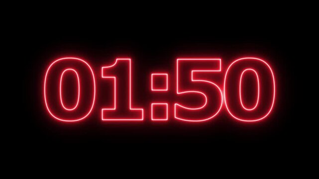 neon 2 minute countdown animation from 120 seconds to 0 seconds on a transparent background, Neon two minute countdown timer with alpha channel