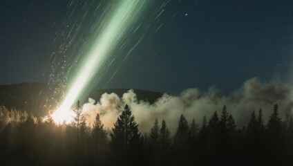 Bright green meteor streaks across a dark night sky, illuminating a forest of pine trees and creating a dramatic celestial event.