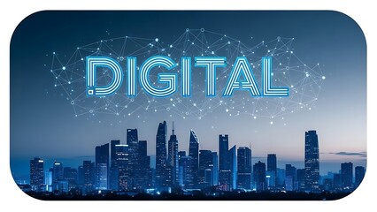 Modern cityscape at dusk with digital network connections and city lights