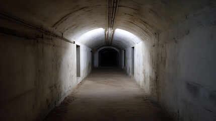 Fototapeta premium An image depicts a long, dimly lit tunnel with an arched ceiling, evoking feelings of mystery and claustrophobia. The stark contrast of light and shadow adds to the eerie atmosphere.