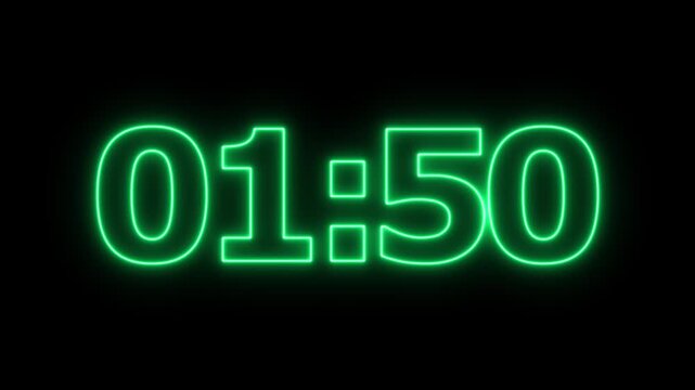 neon 2 minute countdown animation from 120 seconds to 0 seconds on a transparent background, Neon two minute countdown timer with alpha channel