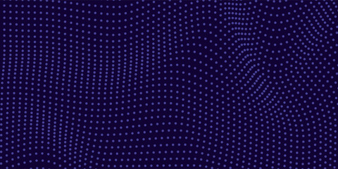 Abstract purple halftone dots background with flowing wave pattern n depth effect, modern digital texture design suitable for technology themes, presentations, posters, branding, websites, wallpapers.