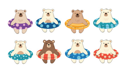 Fototapeta premium Collection of cute polar and brown bears relaxing in colorful, patterned swimming pool floats, perfect for summer themes. This adorable set is isolated on white.