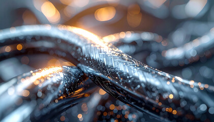 Interconnected Links: A close-up view of intricately linked metal chains, symbolizing connectivity and the power of collaboration, with glowing particles.