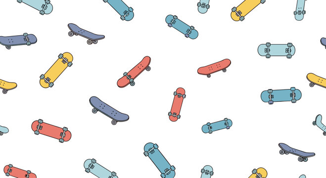 Seamless pattern of colorful skateboards in red, yellow, and blue scattered randomly on a white background for a youthful design. Perfect for teens and kids.