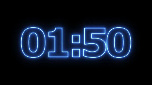neon 2 minute countdown animation from 120 seconds to 0 seconds on a transparent background, Neon two minute countdown timer with alpha channel