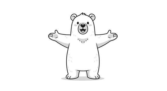 Friendly cartoon polar bear standing with its arms wide open, offering a hug, illustrated in a simple black and white style. An adorable and welcoming character.