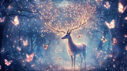 Enchanted Forest Stag with Glowing Antlers & Butterflies
