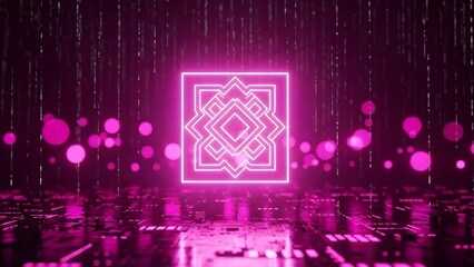 Vibrant pink neon light design with geometric pattern and bokeh effect on dark background with reflective floor