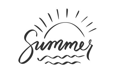 Summer Handwritten Lettering with Sun Rays Wave Elements. Minimal Black and White Calligraphy for Beach Seasonal Design, Holiday Poster Print Greeting Card Typography Decoration. Vector Illustration