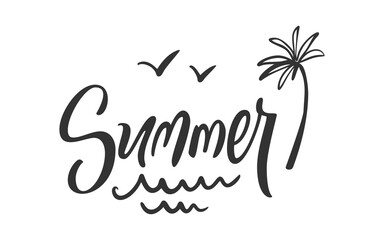 Summer Handwritten Lettering with Palm Tree Flying Seagull Birds Ocean Waves. Tropical Beach Vacation Holiday Mood Script for Poster Print Cards Apparel Design Modern Calligraphy. Vector Illustration
