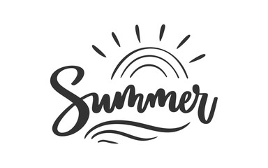 Summer Handwritten Lettering with Rainbow Arc Sun Rays Ocean Waves. Summer Beach Calligraphy Script for Poster Print Apparel Greeting Card Branding Sticker Minimal Clean Wall Art. Vector Illustration