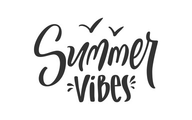 Summer Vibes Handwritten Lettering with Flying Birds. Clean Hand Drawn Calligraphy Artwork for Card Poster T Shirt Print Apparel Minimal Modern Stickers. Script Decorative Accent. Vector Illustration