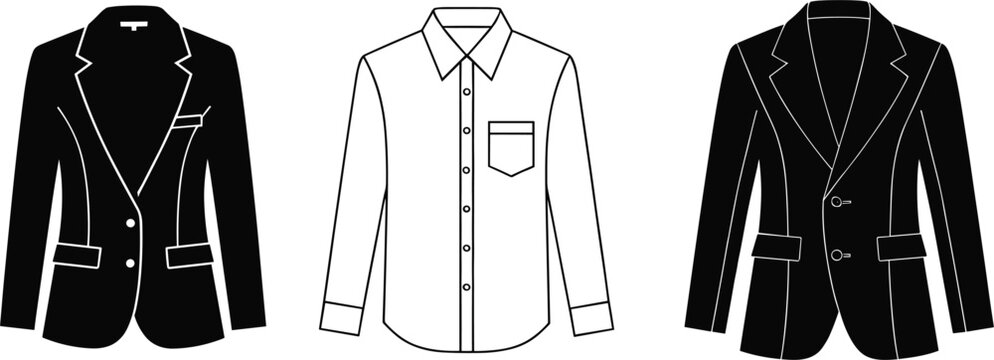 Black and white silhouette icons of formal men's clothing, a suit jacket and a dress shirt fashion apparel