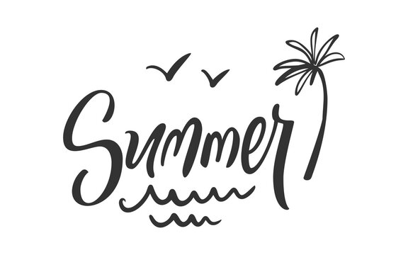 Summer Handwritten Lettering with Palm Tree Flying Seagull Birds Ocean Waves. Tropical Beach Vacation Holiday Mood Script for Poster Print Cards Apparel Design Modern Calligraphy. Vector Illustration