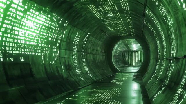 A view of a long tunnel filled with green lights and digital patterns, creating a unique atmosphere for exploration