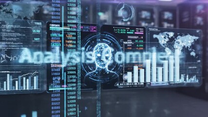AI generated face hologram with financial chart and world map overlayed data center visualization showing analytics insight and global trading dashboard neon wireframe human head hologram with data - Powered by Adobe