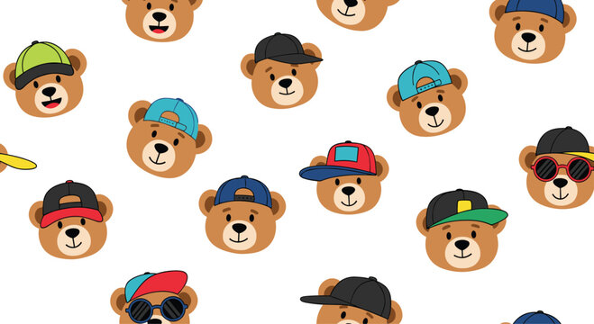 Fun seamless pattern composed of cute teddy bear heads wearing a variety of colorful baseball caps and sunglasses for a cool and playful background design. - Powered by Adobe