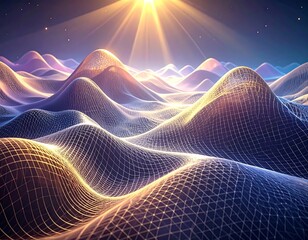 Abstract landscape of mesh mountains bathed in ethereal light, reaching towards a celestial glow