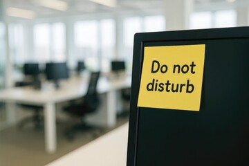 A close-up of a computer monitor with a yellow sticky note that reads 'Do not disturb'. The background shows a modern office with empty desks and chairs.