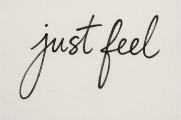 A handwritten phrase 'just feel' in elegant cursive on a textured background. The design conveys a sense of calm and introspection.