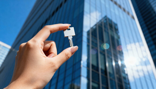 Hand holds a small metal key in the foreground against a modern glass office tower with sky reflections, creating clear copyspace and available space for text or branding on the building facade, for r