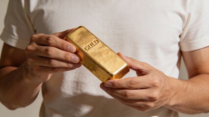 Bullion - Close-up of hands holding a gold bullion bar against a neutral indoor background, emphasizing ethical framing and modern editorial style.