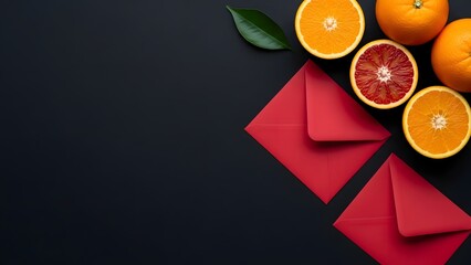Fresh oranges and blood oranges with red envelopes on dark background for chinese new year celebration