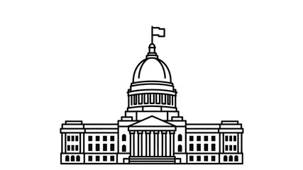 A detailed black and white line drawing of a capitol building with a flag