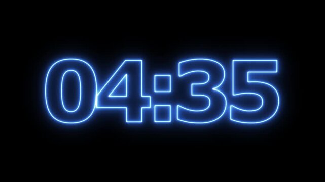 neon 5 minute countdown animation from 300 seconds to 0 seconds on a transparent background, Neon five minute countdown timer with alpha channel