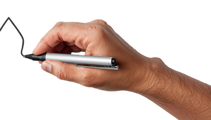 Close-up of Human Hand Holding Digital Stylus Pen Drawing Glowing Line on Black Background