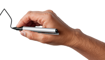 Close-up of Human Hand Holding Digital Stylus Pen Drawing Glowing Line on Black Background