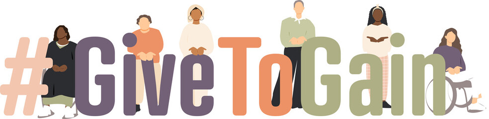 Give To Gain. International Women's Day 2026 logo concept. Different women standing with palms together, extended forward in a gesture of offering.