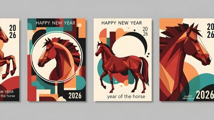 A set of four greeting cards with horse illustrations for the year 2026 on a colorful background