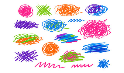 Collection of colorful scribbles and doodles on a white background