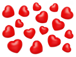 Scattered red hearts isolated on transparent background