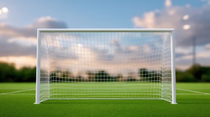 Fototapeta premium Empty Soccer Goal on a Beautiful Field Under Dramatic Sky with Soft Clouds and Vibrant Grass Ready for a Match or Practice Session