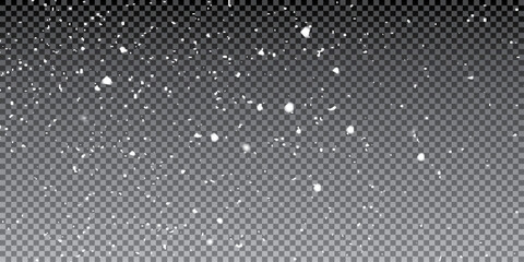 Real snowfall over transparent background. Abstract snowy white particles falling for winter weather overlay or cold snowfall background. Heavy snow storm.