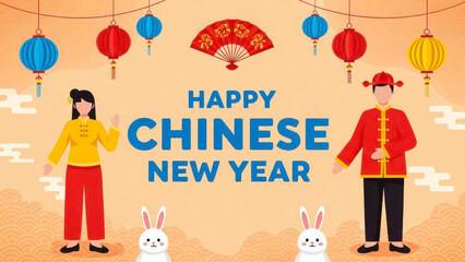 Obraz premium Happy chinese new year celebration with traditional clothing and lanterns